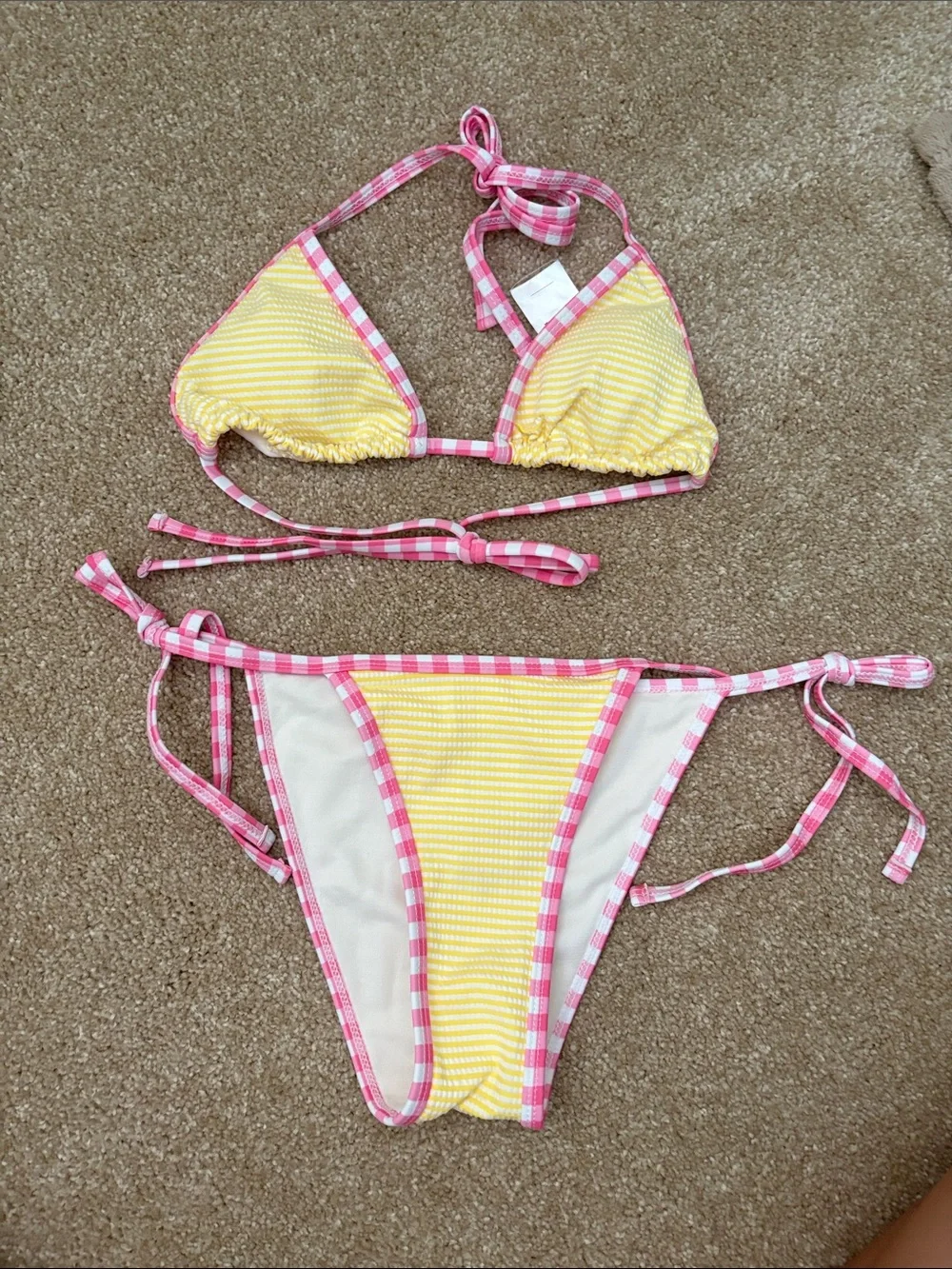 Vibrant Yellow Stripe Bikini with Pink Gingham Trim